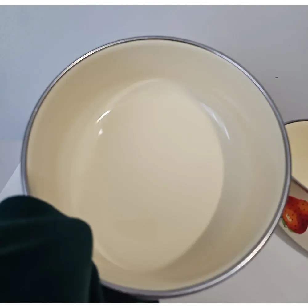 Two Vintage Kobe Enamel Bowls Cream Strawberry Nesting Mixing Cottagecore